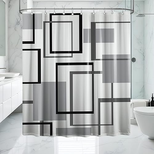 Miniatura 30 de Cortina de ducha geométrica en blanco y negro para decoración de baño de hombre, juego de cortinas de baño en blanco y negro, tela impermeable con