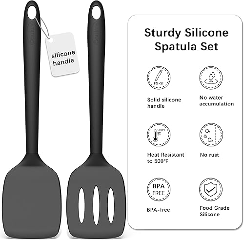 Miniatura 2 de Coukre Juego de 2 Espátulas de Silicona, Resistente al Calor Alto, Libre de BPA, Espátula de Cocina, Volteador Sólido y Ranurado para Sartenes negro