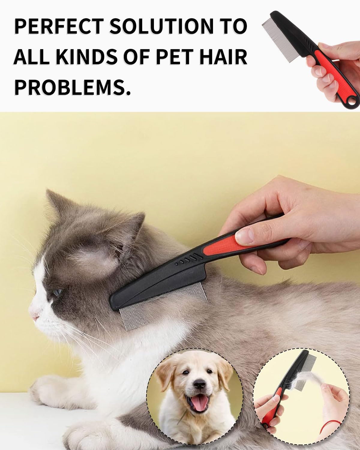 Lot de 2 peignes anti-puces professionnels pour chiens et chats - Peigne à puces - Peigne à poussière - Dents grossières et fines - En acier inoxydable
