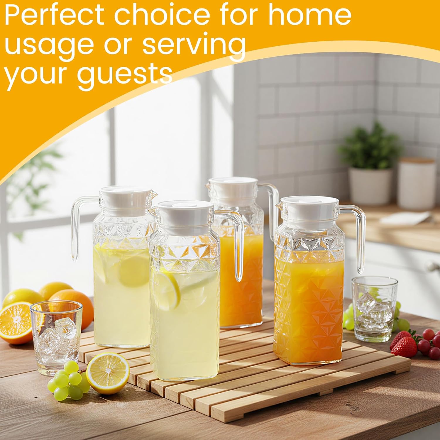 4 Pcs Acrylic Water Pitcher with Lid, Spout Handle Clear Plastic Pitcher Heat Resistant Carafe Unbreakable Beverage Container Fridge Jug for Juice Ice Tea Sangria Lemonade(37 oz,Diamond)