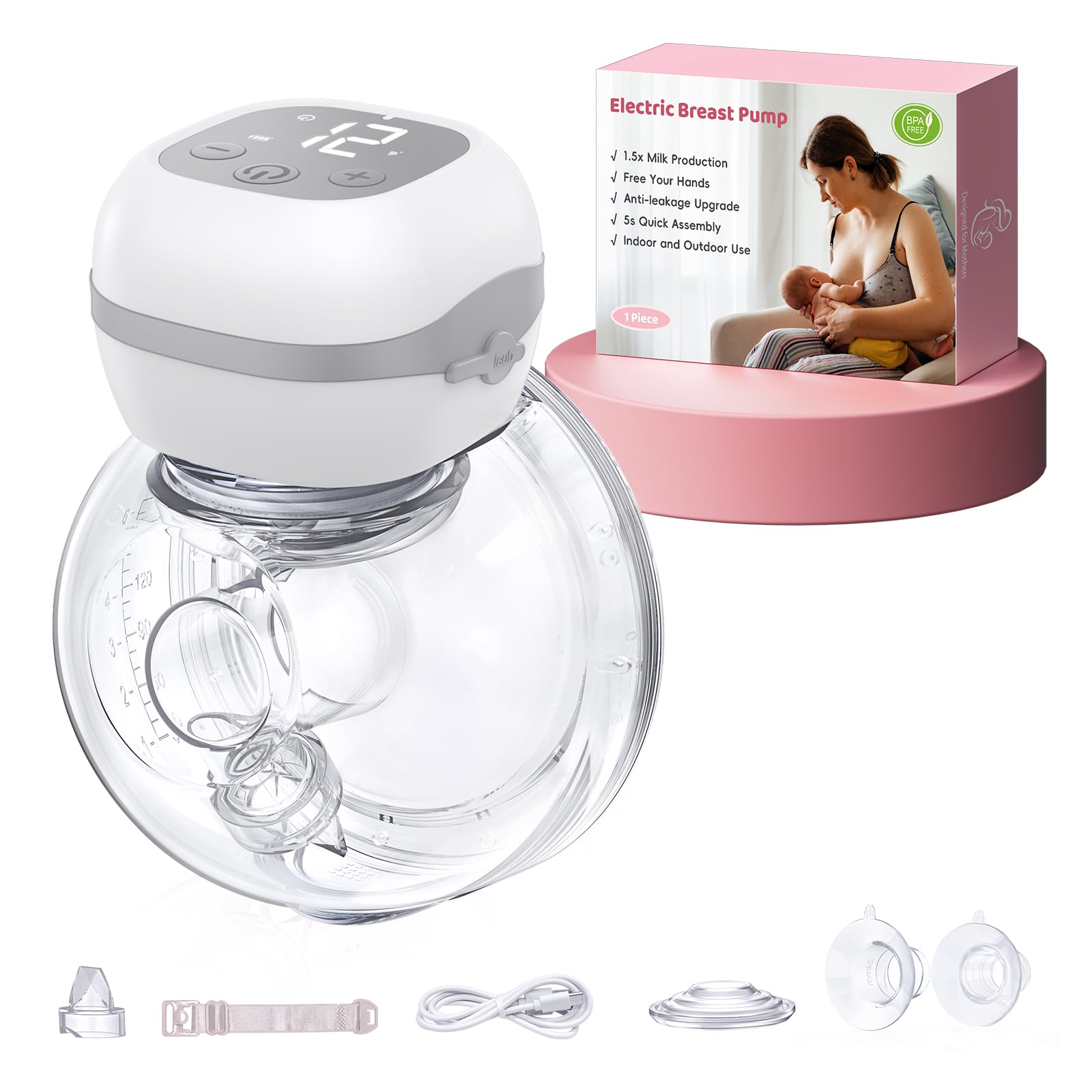 Haokoo Elektrische Milchpumpe -201g BPA-frei Milchpumpe Elektrisch Freihändig, 3 Modi und 12 Stufen, 40dB Leise, Ideal für Arbeit, Reisen & Nacht, 1er-Pack