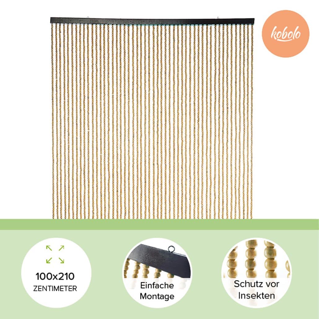 Kobolo Türvorhang Coffee, 100x210 cm, 50 Stränge, beige, dekorativer Vorhang aus Holzperlen, Perlenvorhang, ideal als Fliegenvorhang, Raumteiler oder Türdekoration