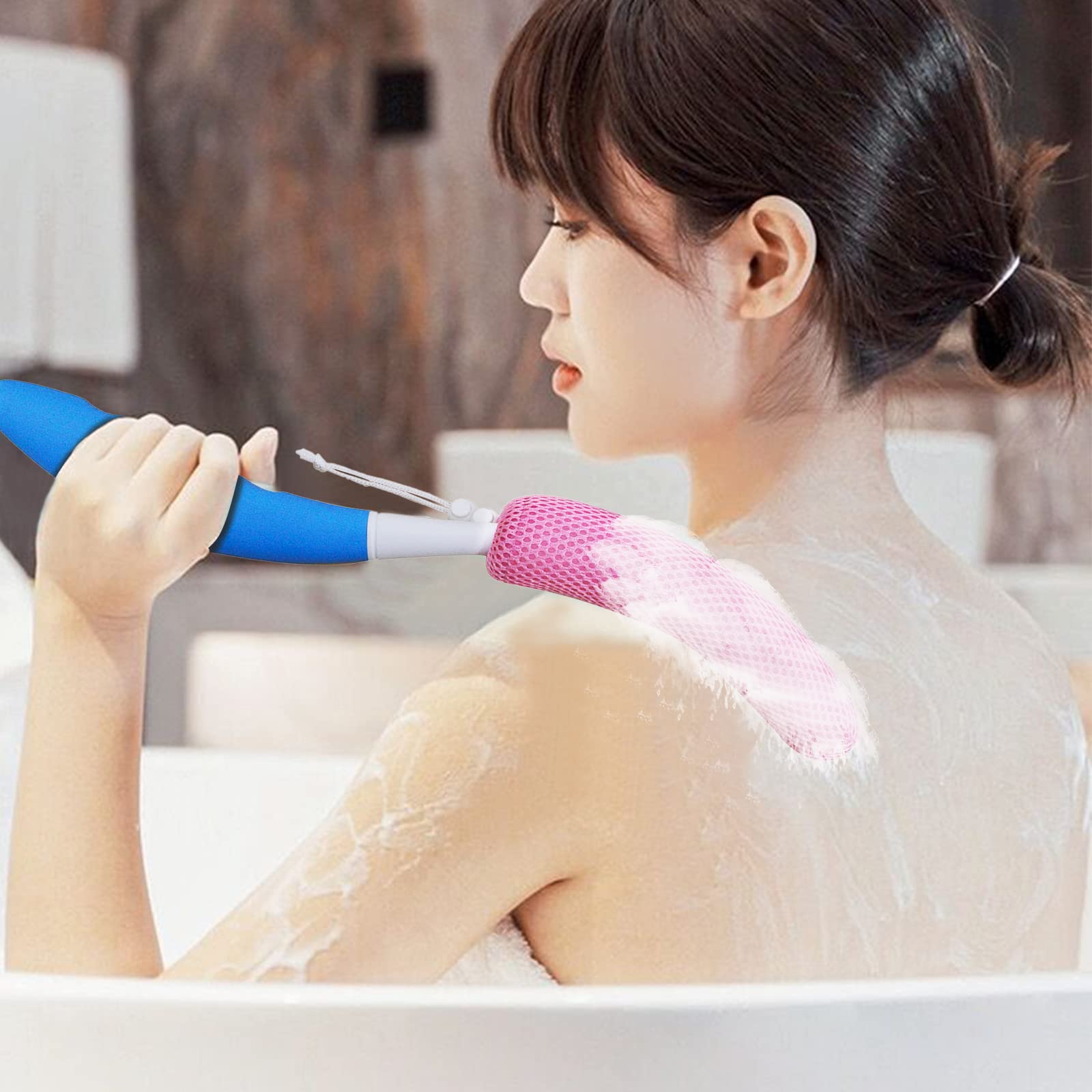 KkaFFe Back Scrubber for Shower,Mesh Sponge Body Shower Brush with Long Handle for Use in Shower Back Scrubber,Back Scrub for Exfoliating Body Scrubber or Shower Brush(Green-Pink) - Image 3