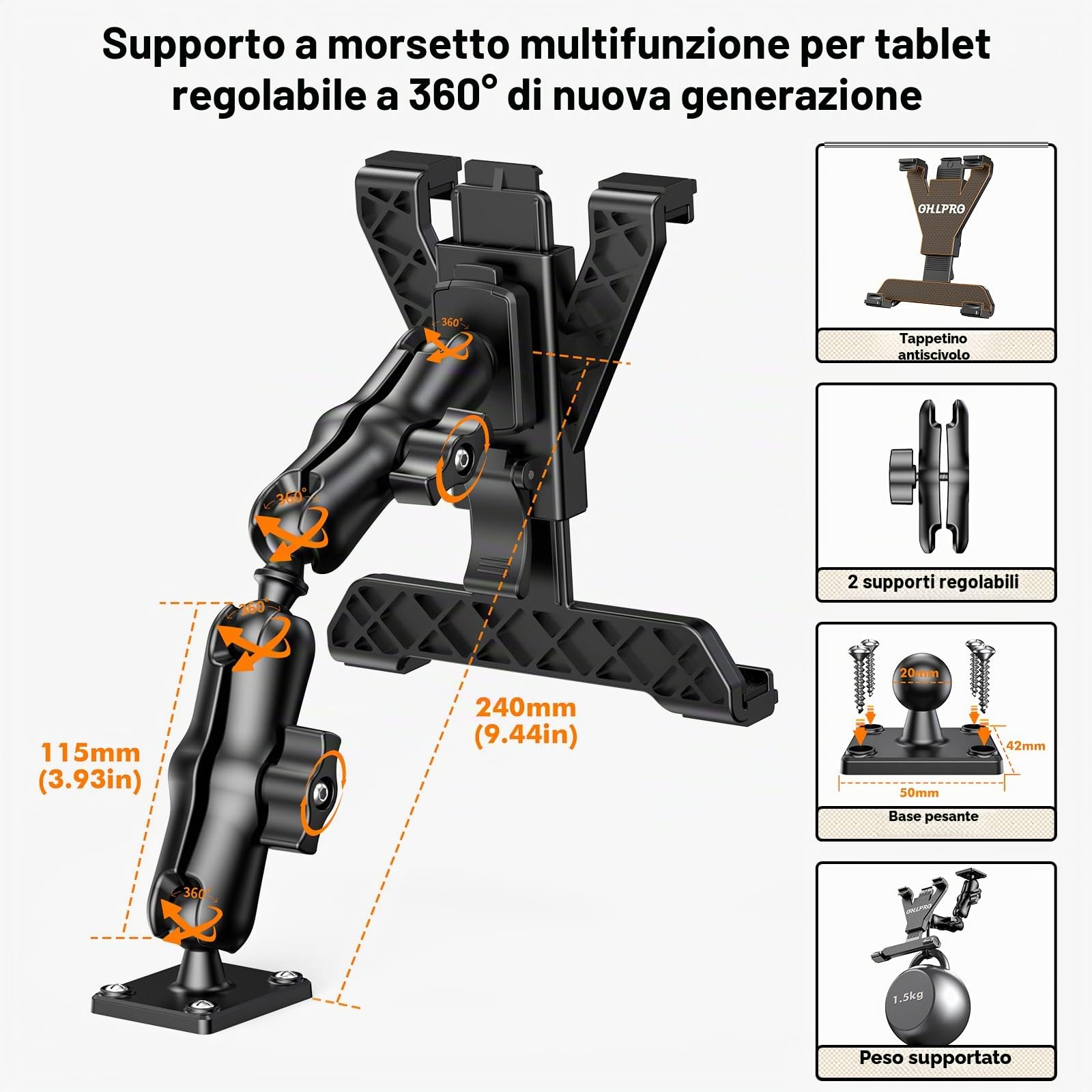OHLPRO Supporto Tablet per Camion, Porta iPad Heavy Duty con Base a Foratura, Braccio Regolabile a 2 Stadi 360°, per Tablet 7-11.5", iPad Pro, Samsung