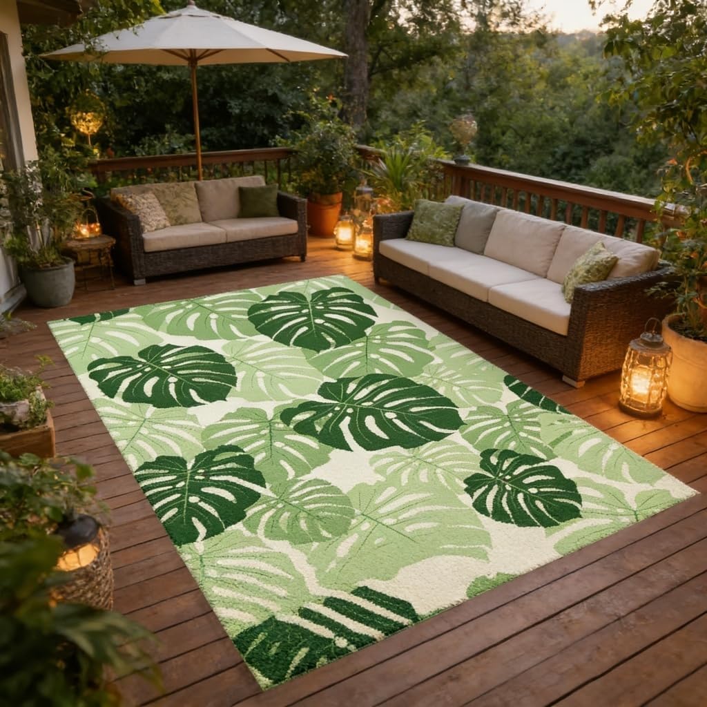Mint Green Monstera Leaf Outdoor Rug 6x9 Tropical Plants Print Outdoor Carpet for Backyard Patio Porch Deck Balcony Camping Lightweight Easy Cleaning Outside Rugs Poolside Bathroom Non Skid Mats