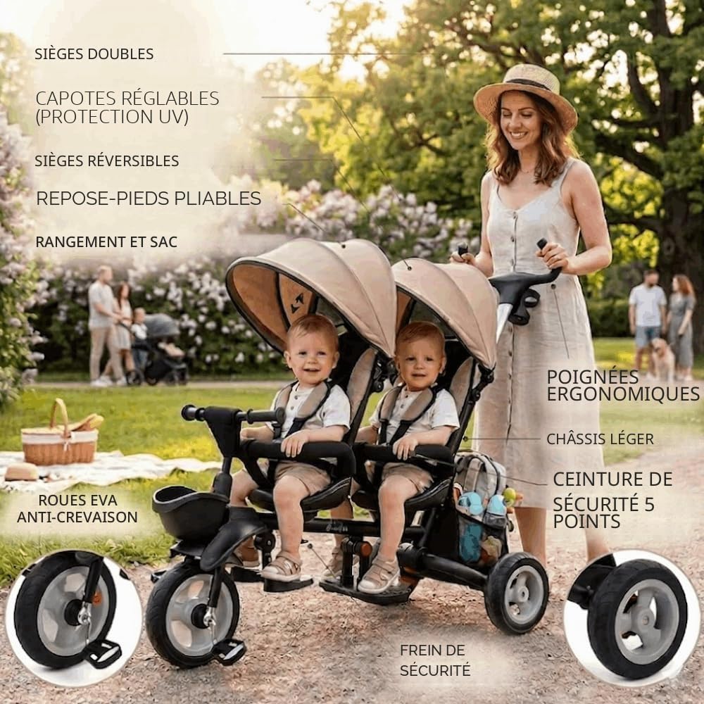 QPlay Tricycle évolutif pour bébé, jumeaux et promenades en famille | Pour deux, 10 Mois à 36 Mois