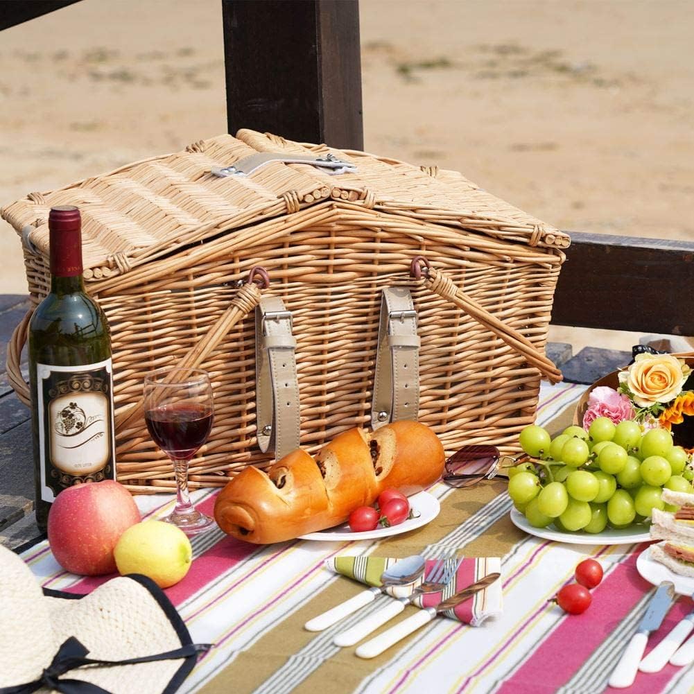 HappyPicnic Willow Picnic Basket for 4 Persons with Large Cooler Compartment and Foldable Handles, Wicker Picnic Hamper with Picnic Blanket, Willow Picnic Set, Picnic Gift Basket (Multi Stripe) : Patio, Lawn & Garden