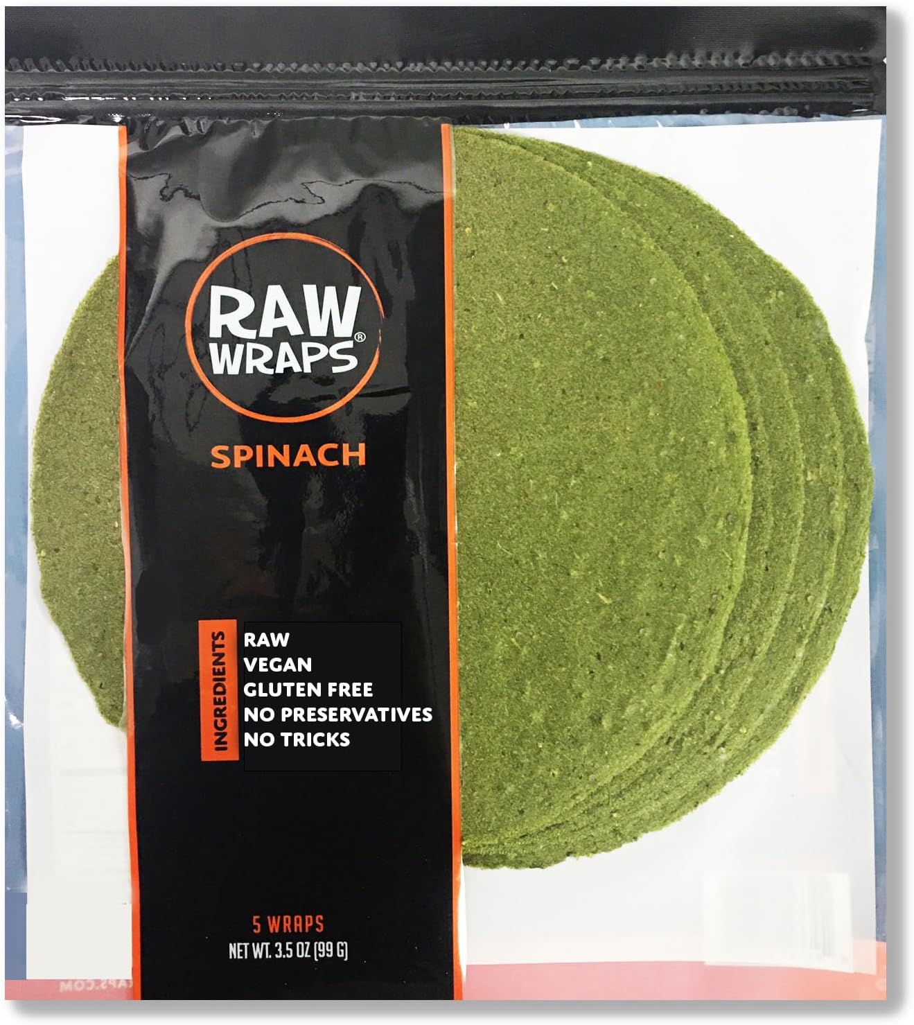 Raw Wraps, Gluten Free, Paleo, Vegan, Keto Friendly Food, Shelf Stable, 5 Wraps per Pack, Vegan, Low Carb Tortilla Wraps, Spinach Flavor