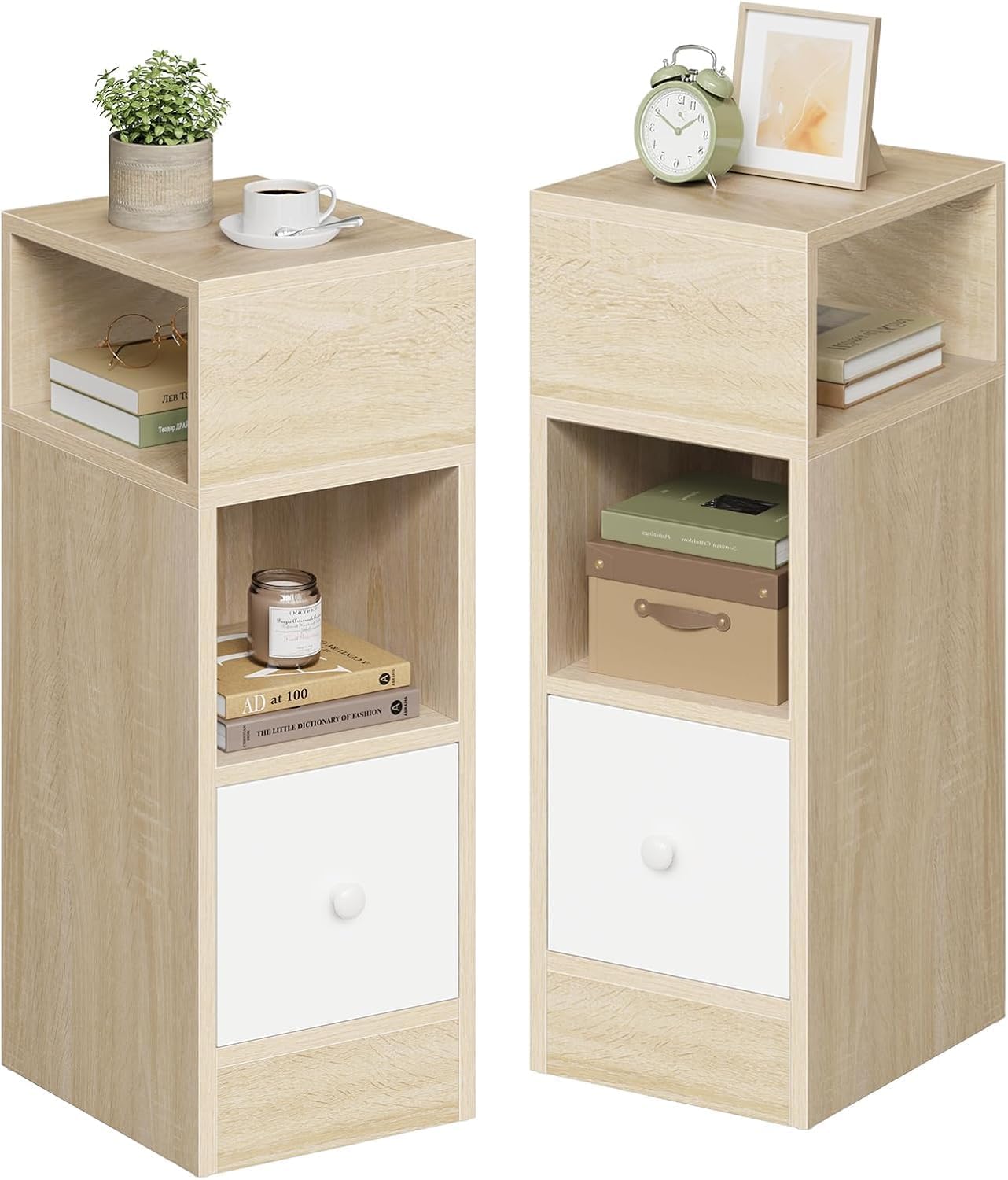 EUGAD Nachttisch schmal mit 2 offenen Ablagen 1 Schublade, schmaler Kleiner Nachtschrank im Schlafzimmer, 25x66x30 cm, Nachtkästchen Platzsparend, aus Holzwerkstoff