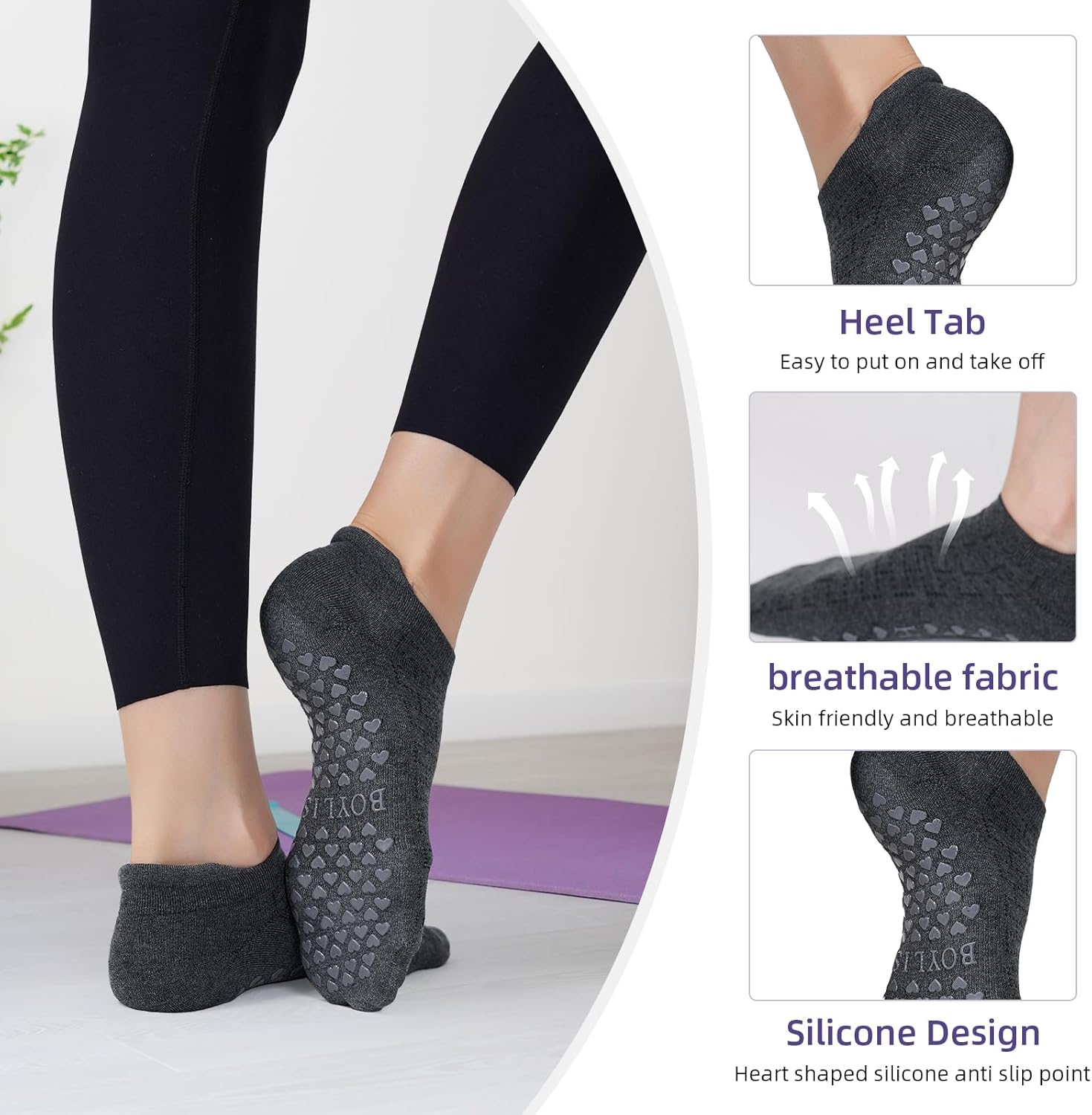 Women’s Non-Slip Yoga Socks with Grips, 4 Pairs Pilates Socks for Barre, Ballet & Home Workouts - Image 4