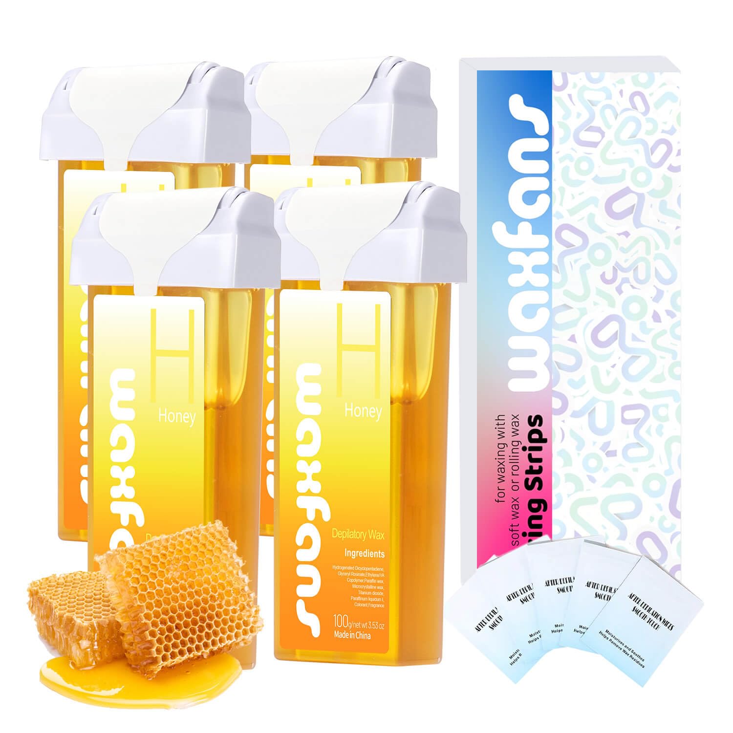 Waxfans Roll On Wax Refill,Waxing Roller Refill for Hair Removal,100% Natural,Quick Melting - For Coarse and Fine Hairs.with 3.53 Ounce(Pack of 4) Honey Wax Rollers, 50 Strips (Honey)