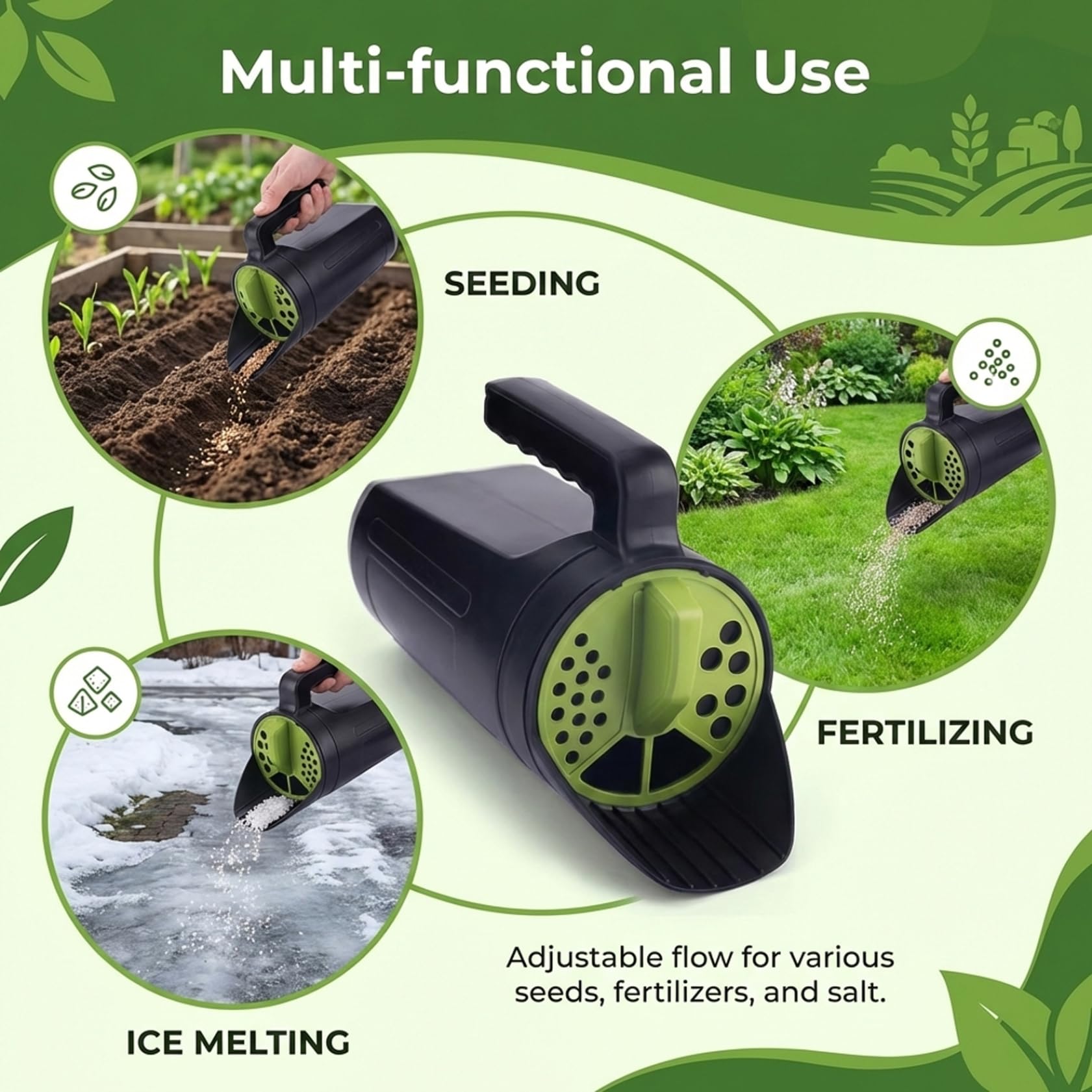 Spandiconcime, Spandiconcime Manuale per Prato e Giardino Spargisale Manuale da 2, 5 L per Sementi, Fertilizzante e Sale per Neve con Testa Regolabile