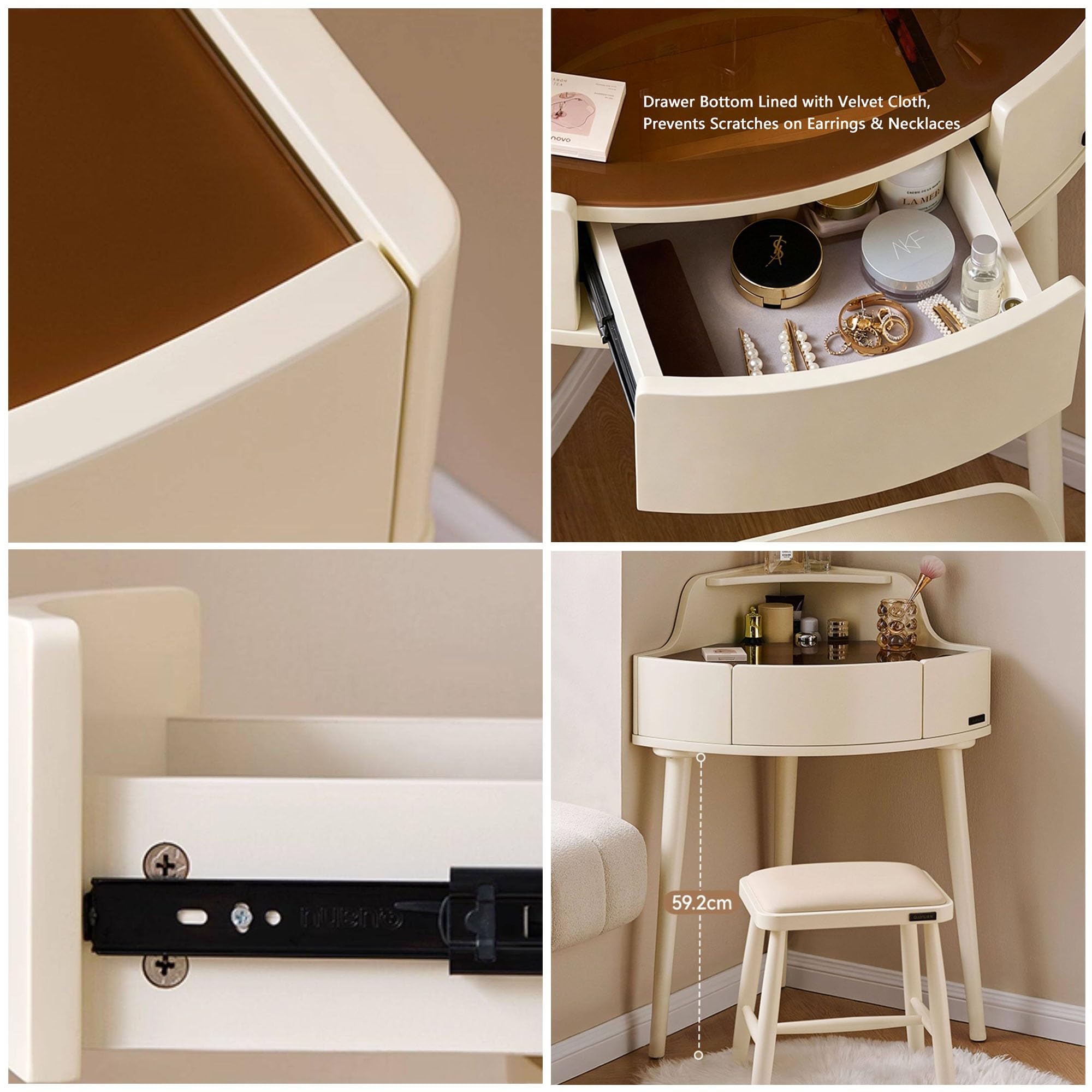 Toeletta angolare con piano in vetro temperato, scrivania da trucco salvaspazio con cassetto nascosto e spazio incassato, per piccoli spazi, camera da letto, ideale per le donne
