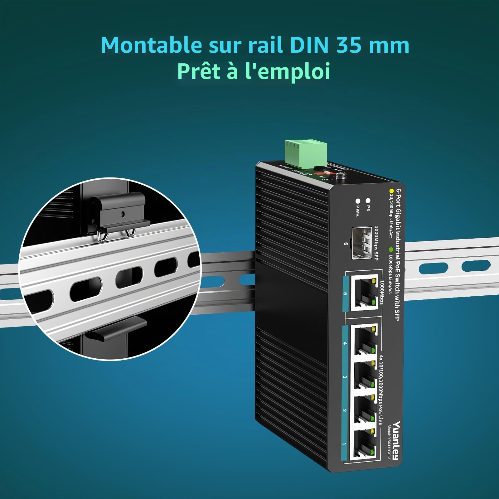 YuanLey Switch Industriel 6 Ports avec 4 Ports PoE Gigabit, 1 Port Uplink 1000Mbps, 1 Port SFP, Switch PoE Non-Manageable Din-Rail avec Alimentation 66,25W, IEEE802.3af/at, VLAN & Loop