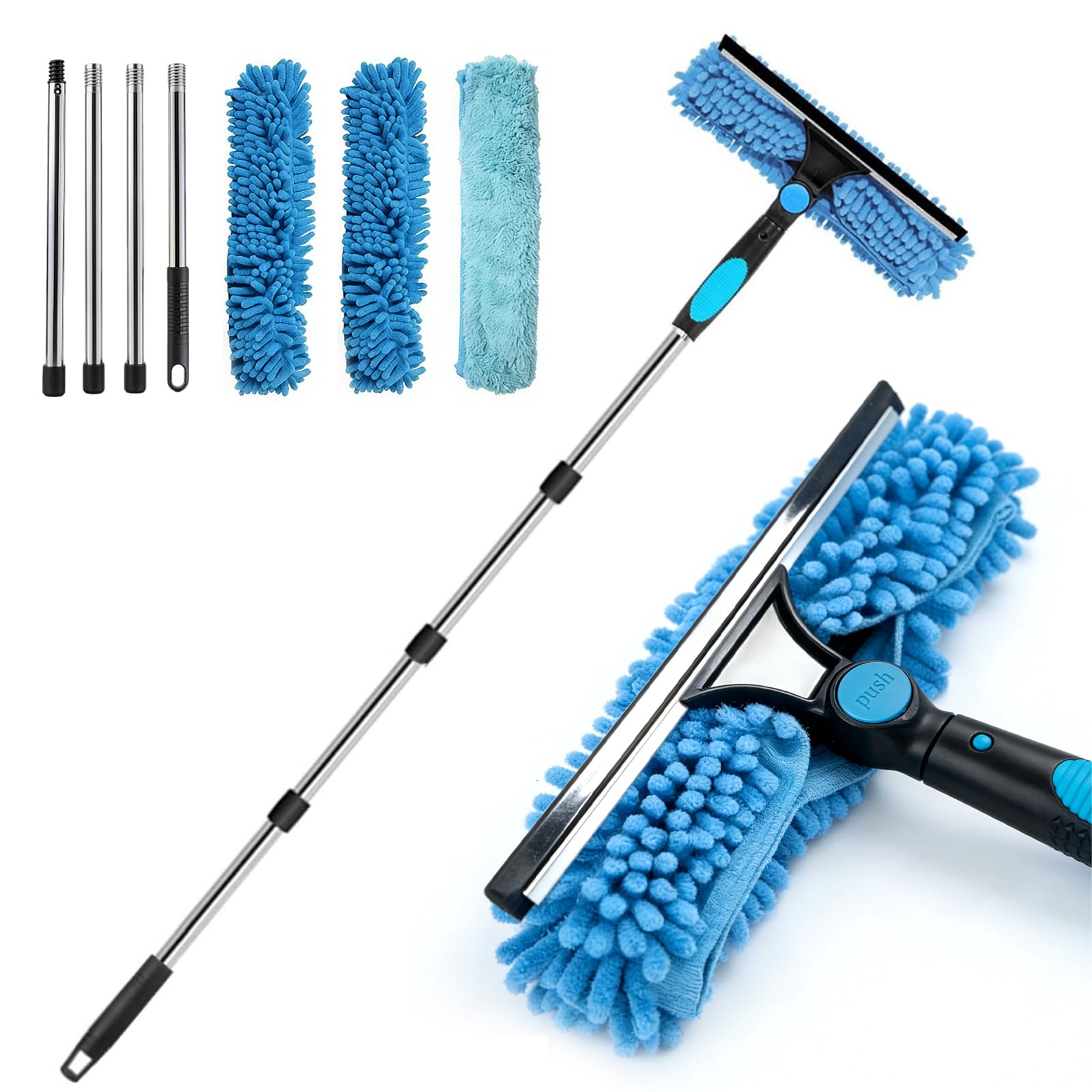 70in/180cm 2-in-1 Telescopic Window Cleaning Equipment Cleaner Tool with Long Handle with Silicone Squeegee & Microfiber Scrubber, Professional Window Cleaning Kit for Windows Shower Glass Door Car