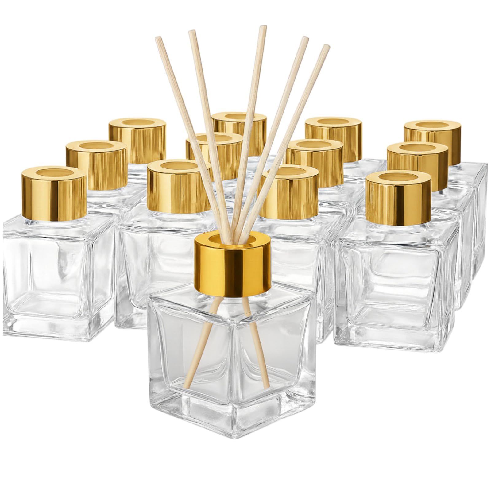 Doni Bomboniere - 50 leere Glasflaschen à 50 ml mit Holzstäbchen für Raumduft - Diffusor für ätherische Öle für Zuhause, Badezimmer, Wohnzimmer, dekorative Möbel (Gold)
