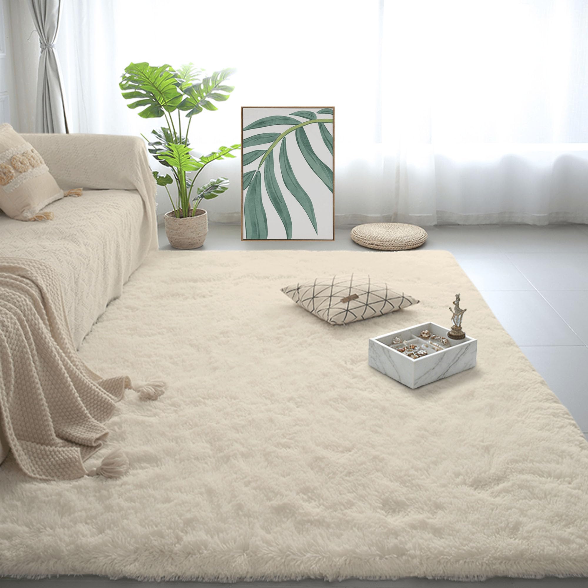 Tapis de salon shaggy crème 160x370 cm épais et ultra doux pour grand couloir
