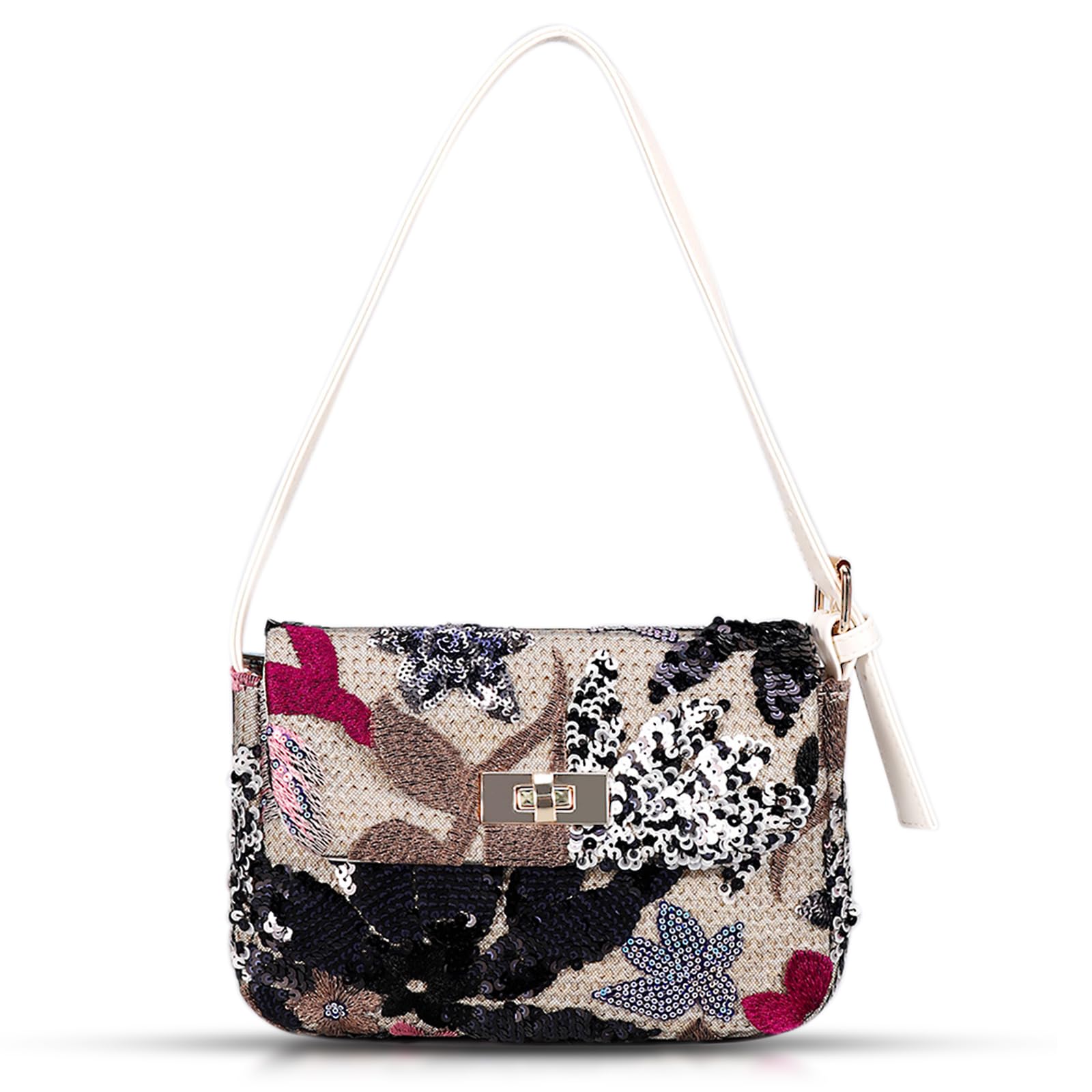 Bohemian Sequin Embroidery Beach Handbag, Straw Shoulder Bag for Women's Vacation Travel (Black Flowers)