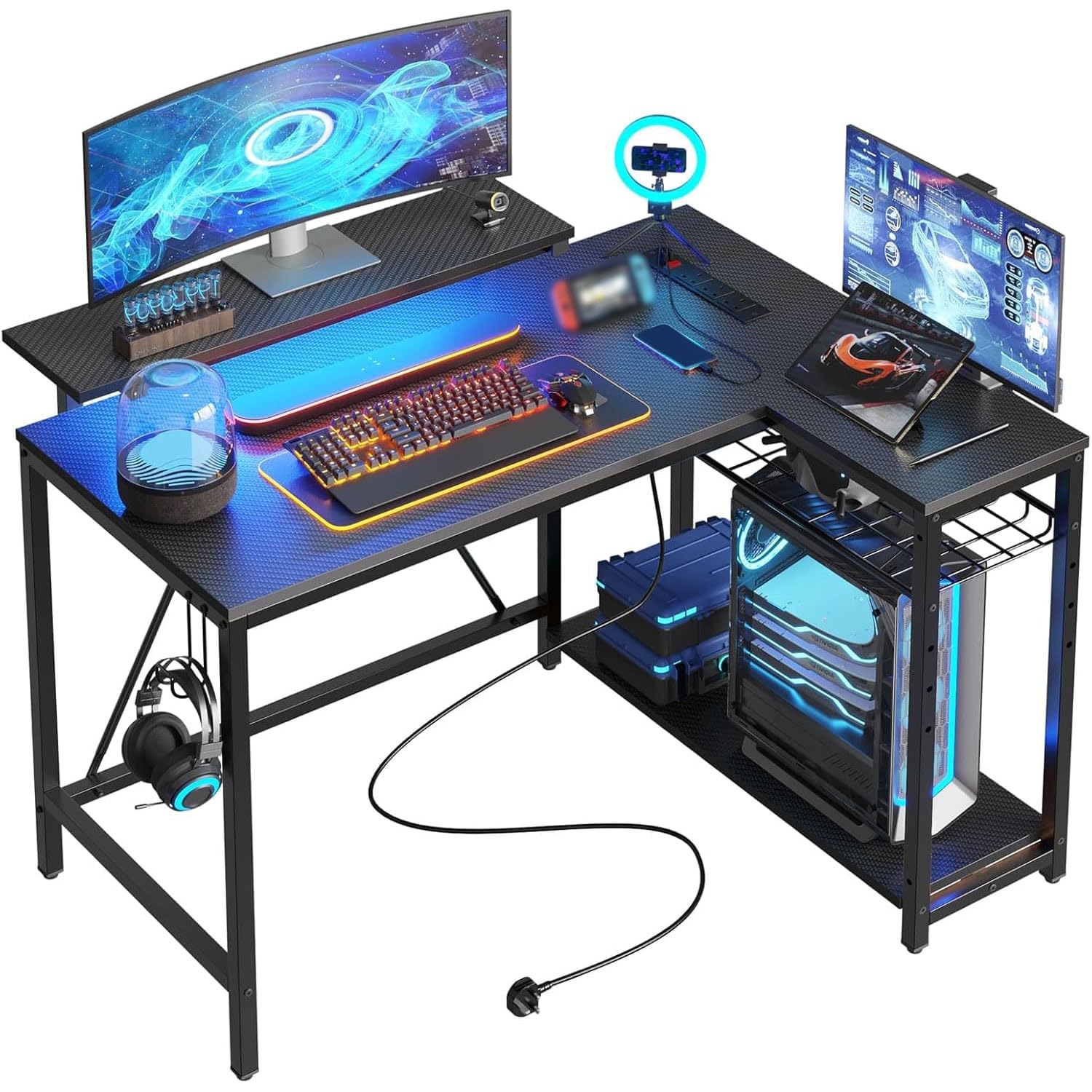 Bestier 106.5CM L-Shaped Gaming Desk with RGB LED Lights Carbon Fibre Surface, 3 Power Outlets & 2 USB Ports, Reversible Corner Desk with Shelves & Hooks for Home Office & Small Spaces