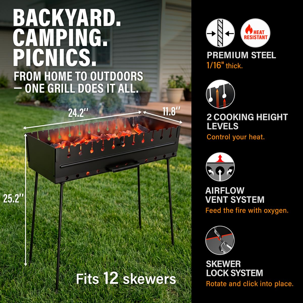 Grill na węgiel drzewny na 12 szpikulców – przenośny grill 61 cm dł. x 30 cm szer. x 56 cm wys. – grill kabob – składany metalowy mangal – szaszłyk do kebaba – grill na piknik EDC, gotowanie na zewnątrz, kemping, wędrówki