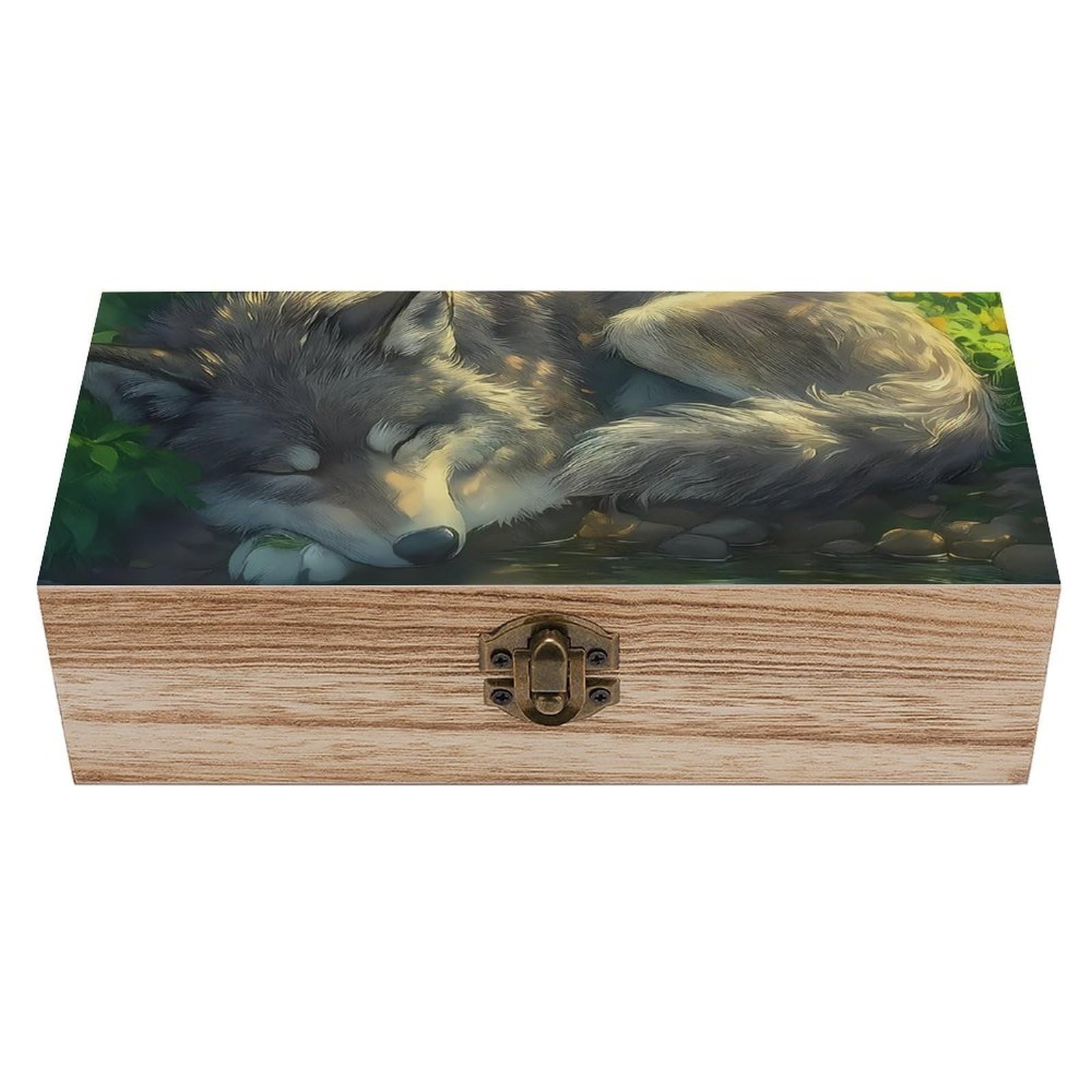 HLBSDM Sleeping Wolf in Forest at Sunny Retro Wooden Storage Box Jewelry Art Gift Boxs Decorative Keepsake Boxes