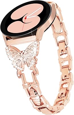 G-ficu Galaxy Watch 4 band 20mm Butterfly Band for Samsung Galaxy Watch 5 & 4 Band 40mm 44mm, Women Bling Diamond Slim Band, Cute Luxury Metal band for Watch 5 Pro/Watch 4 Classic 42mm 46mm/Watch 3 41mm/Active 2(Rose Gold)