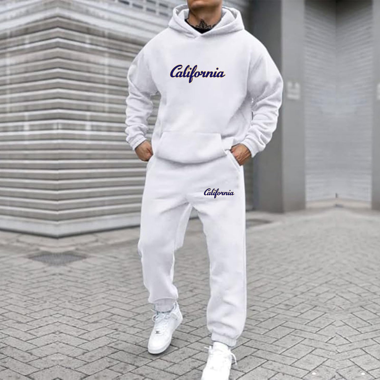 Tuta Uomo Sportiva con Cappuccio Stampa California Due Pezzi Tasche Libero