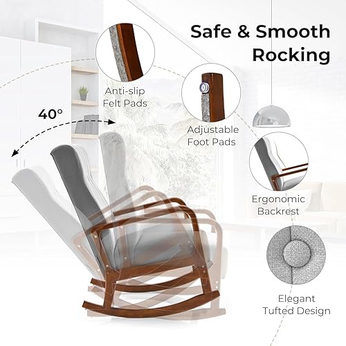 Miniatura 14 de KOMFOTT Mecedora para guardería con otomana, silla mecedora tapizada con reposapiés, bolsillo lateral, marco de goma estable y respaldo copetudo,