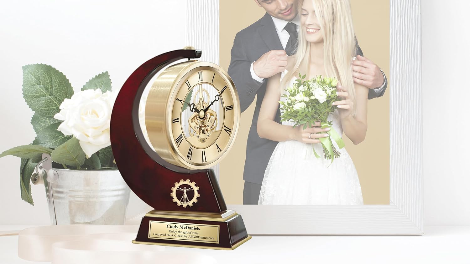 AllGiftFrames Davinci Engineer Logo Wood Gold 360 Degree Manual pivoting Sculpture engrave Desk Clock Home Office Decor Gear Retirement Service Award Plaque Stand Graduate Engineering Graduation