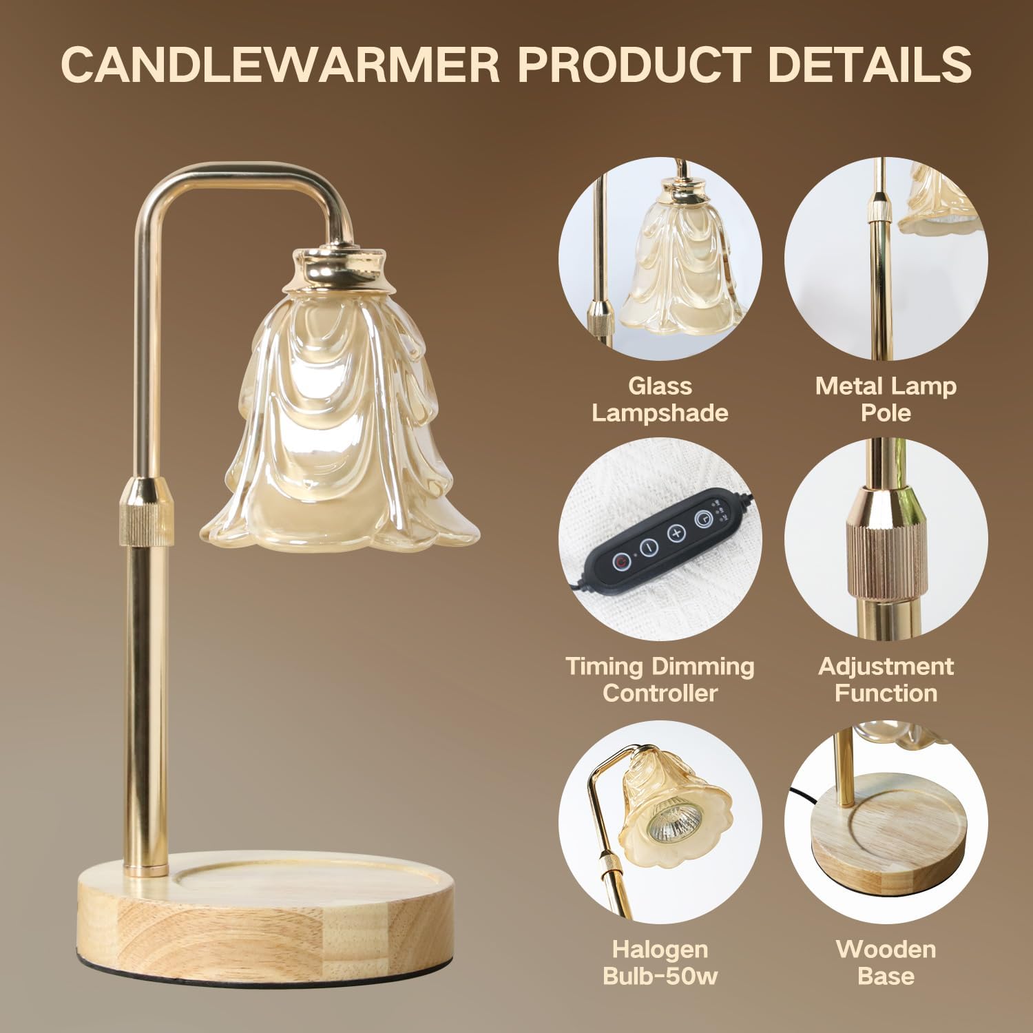 Droyek Candle Warmer Lamp with Timer Electric Candle Warmer Lamp Adjustable Height Candle Warmer Dimmable Wax Warmer Lamp Jar Candles with 2 Bulbs for Home Decor & Office