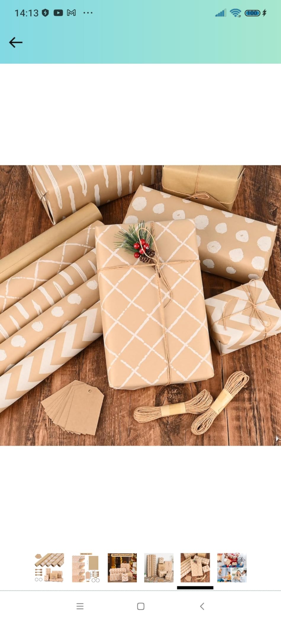 Kit D'emballage Cadeau Noël – 5 Rouleaux Papier Kraft 43x300cm + étiquettes + Ficelle – Motifs Flocons, Rennes, Sapins, étoiles, Pois – écologique