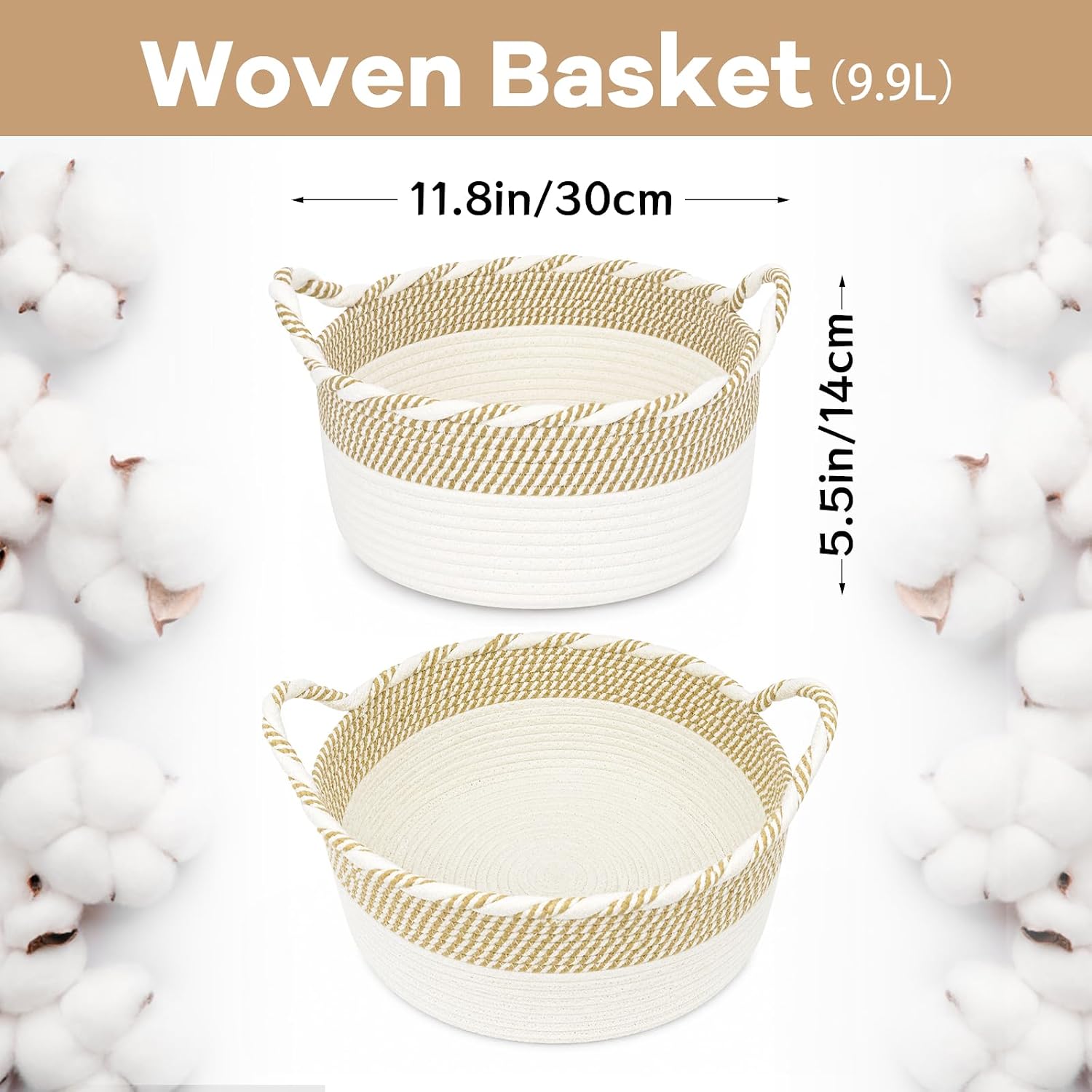Small Cotton Rope Storage Basket with Handles, Boho Cotton Rope Storage Bins for Towel,Toy, Round Jute-Colored Nursery Woven Basket, Empty Gift Basket,11 x 11 x 5