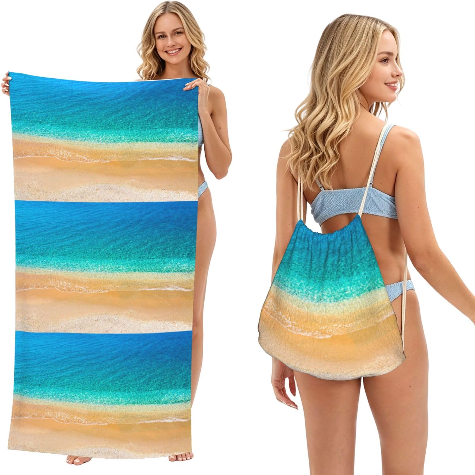 Poadnly As Picture Beach Sea Waves Beach Sand, 2 In 1 Packable Towel Bag, Beach Towels With Drawstring Backpack For Travel Holiday Camping