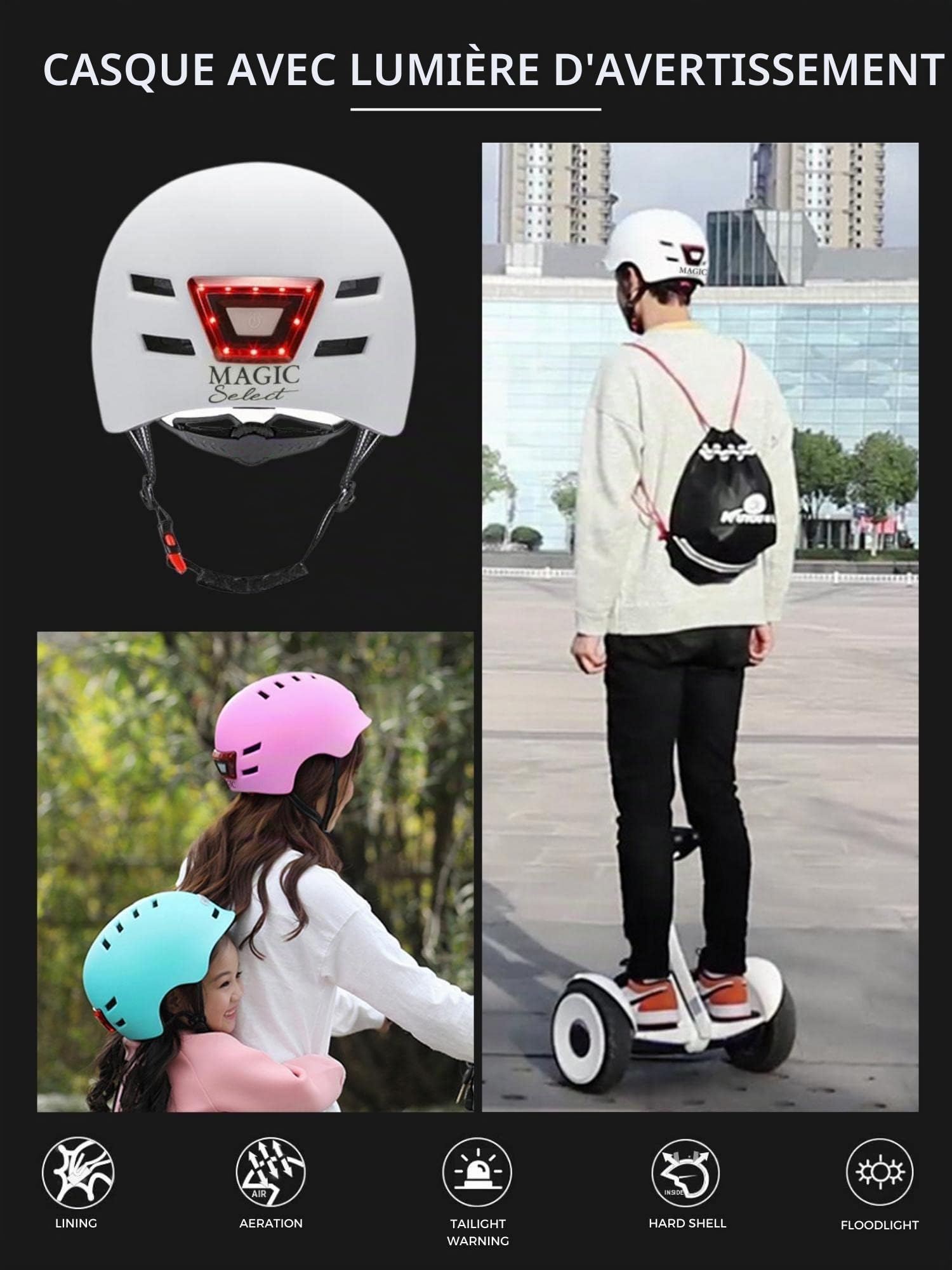 Casque de Vélo ou Scooter Électrique avec Voyant Rouge + feu Avant Blanc Casque VTT, Planche à roulettes, Patins Léger avec Doublure Amovible, Coque PC + EPS, 14 évents et Câble de Chargement USB