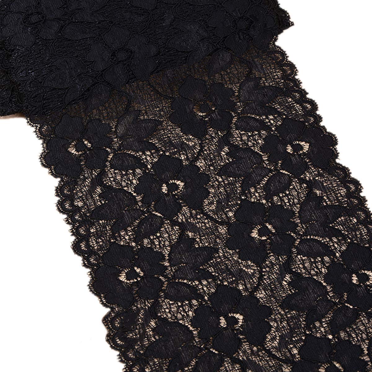MSCFTFB 5 Yards Width 6.3 Inch Stretch Lace Trim Fabric Elastic Lace Flowers Ribbon for Garment Craft Embellishment Wedding Baby Shower Table Decorations (Black)