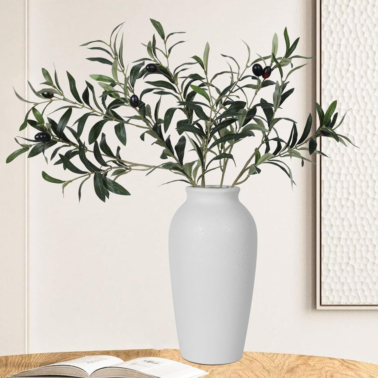11.6" Tall White Ceramic Vase with 6 Stems of 25.5" Faux Artificial Babys Breath Speckled Textured Farmhouse Minimalist Decorative Pottery Vases for Home Decor (Olive Branch)