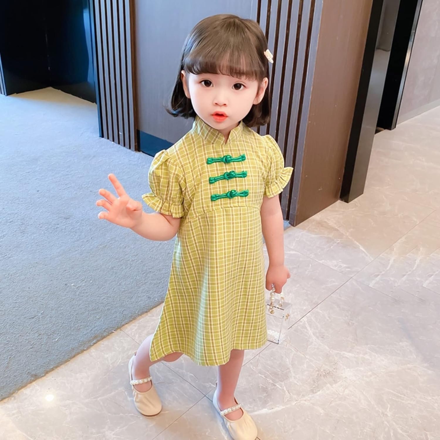 [Aardman] 子供ドレス 女の子 キッズ ワンピース チャイナドレス 半袖 ガールズ 可愛い 夏服 おしゃれ チェック柄 レト