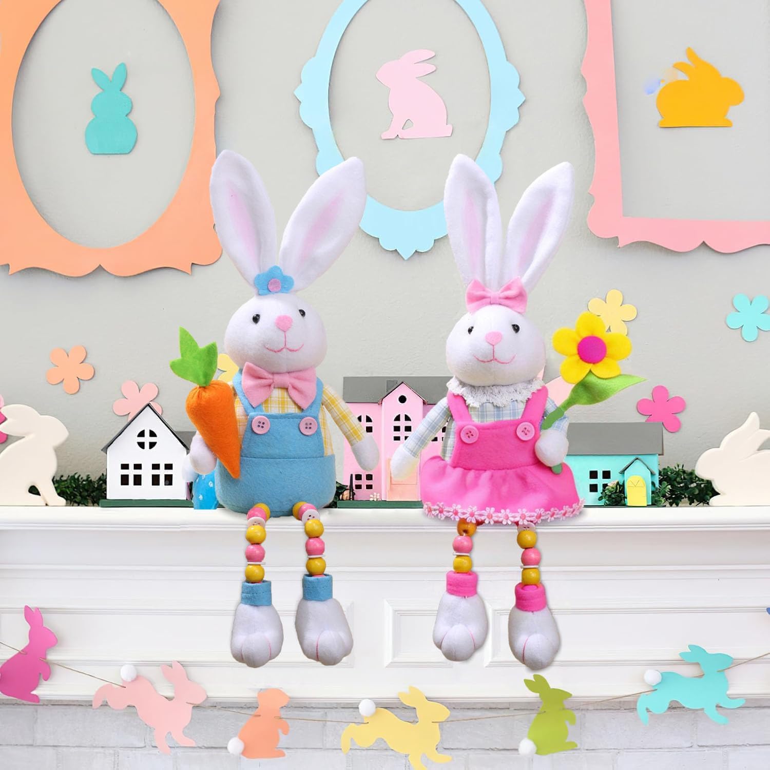 2Pcs Easter Bunny Plush Decorations Easter Bunny Stuffed Animal Cute Rabbit Plush Easter Basket Stuffers Gifts Party Decor Home Table Decorations