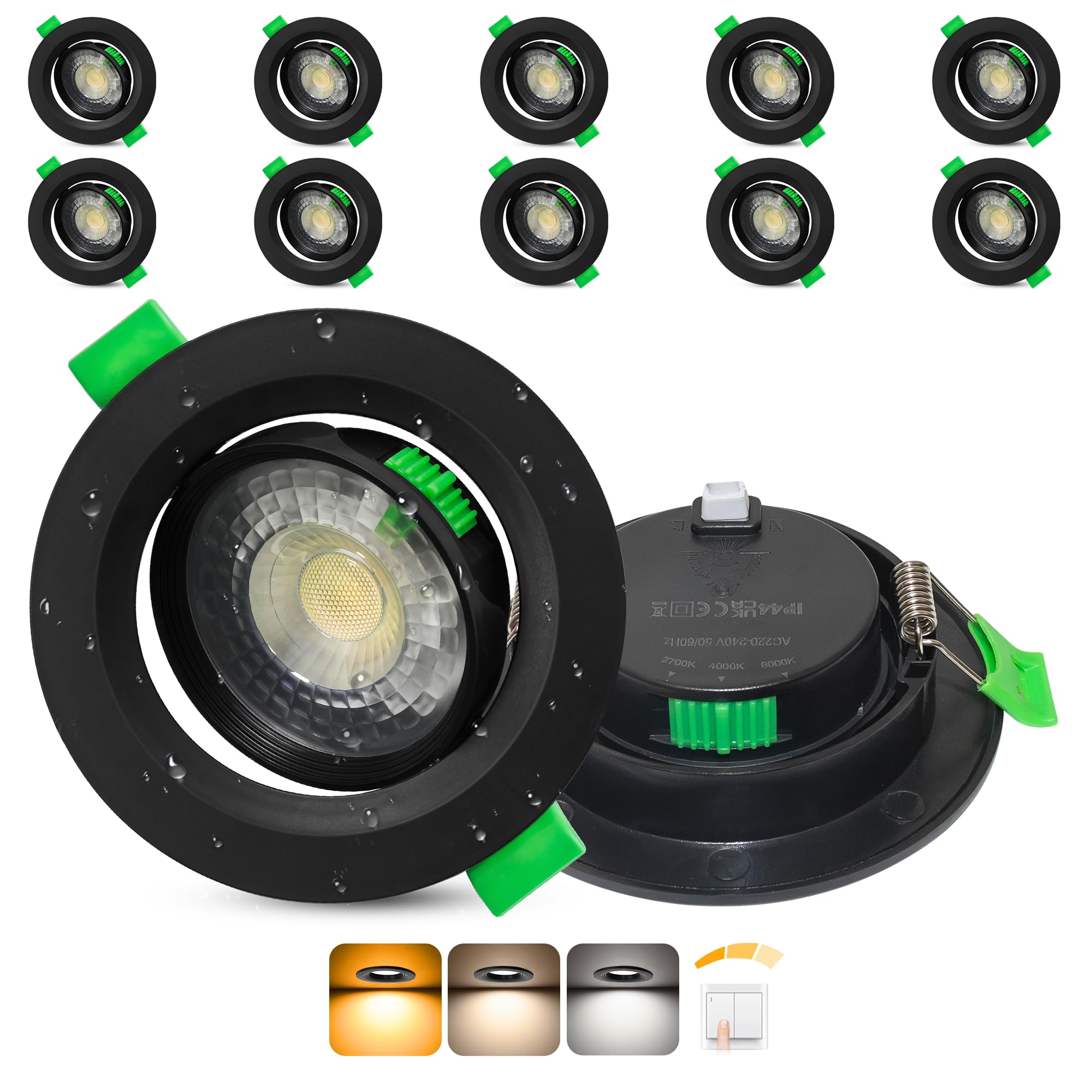 Aulaiyi LED Einbaustrahler 230V Dimmbar 3 Stufen 68-80mm Lochmaß, 10er Set | 5W IP44 LED Spots Ultra Flach, 45° Schwenkbar Deckenspots, 2700K/4000K/6000K Einbauleuchten für Badezimmer Küche, Schwarz