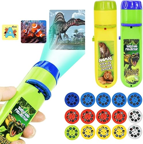 Yeelan Proyector de 2 linternas de proyección de antorchas, lámpara de dinosaurio, animales marinos, espacio, animales, 26 letras educativas, luz