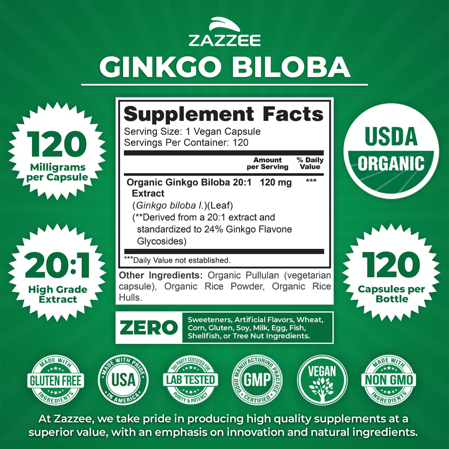 Zazzee USDA Organic Ginkgo Biloba 20:1 Extract, 120 Vegan Capsules — Amazon image 2
