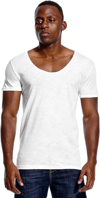 Deep V Neck T Shirt for Men Low Cut Scoop Tee Invisible Vee Top Cotton Short Sleeve Wide Neck