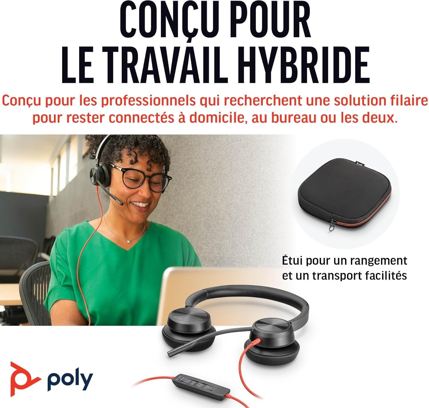 Micro-casque filaire haut de gamme Poly Blackwire 8225 – Annulation active du bruit – Son binaural hi-fi - Connexion à un PC/Mac - Certifié Microsoft Teams