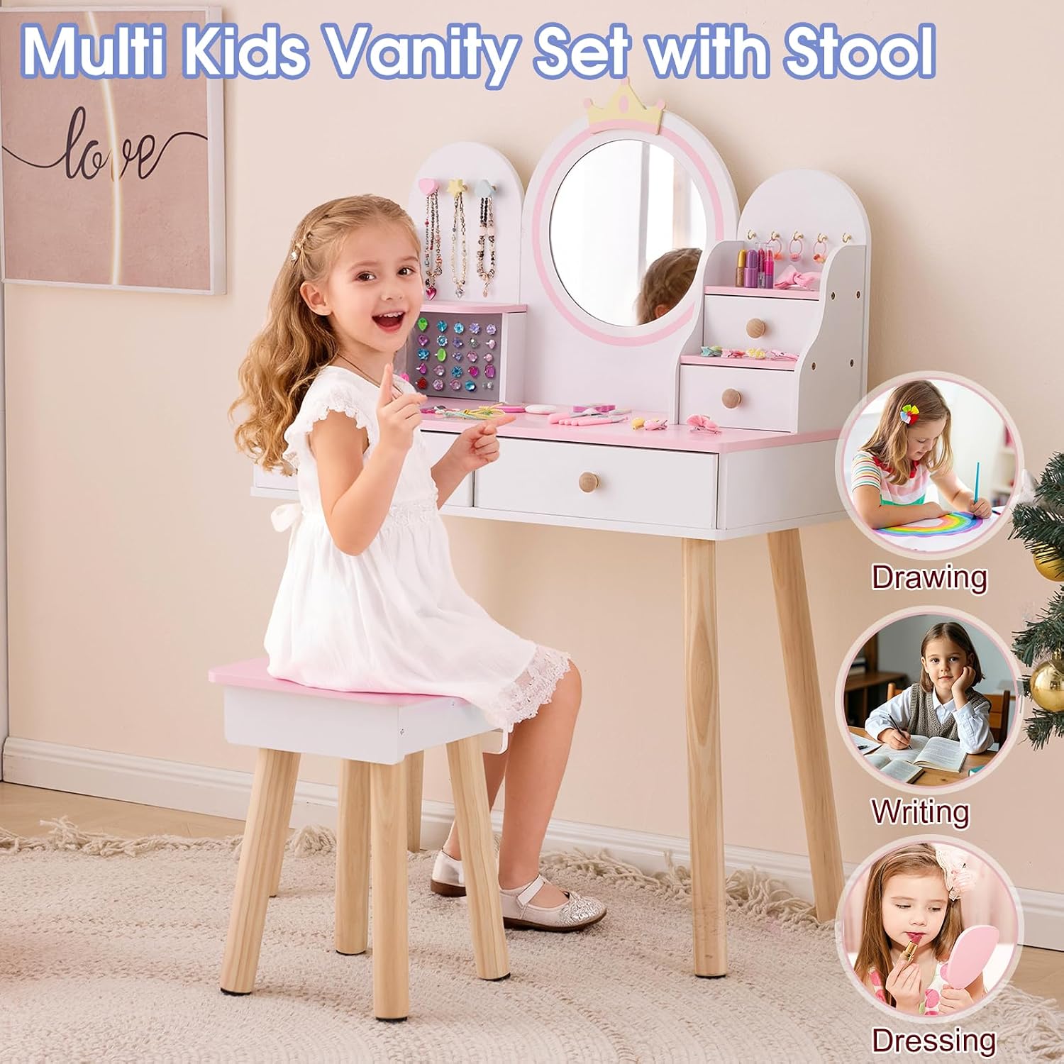 Karl home Kids Princess Vanity Table and Chair Set, 2 in 1 Toddler Makeup Vanity with Jewelry Storage & Drawers, Pretend Play Dressing Table Set for Little Girls, White
