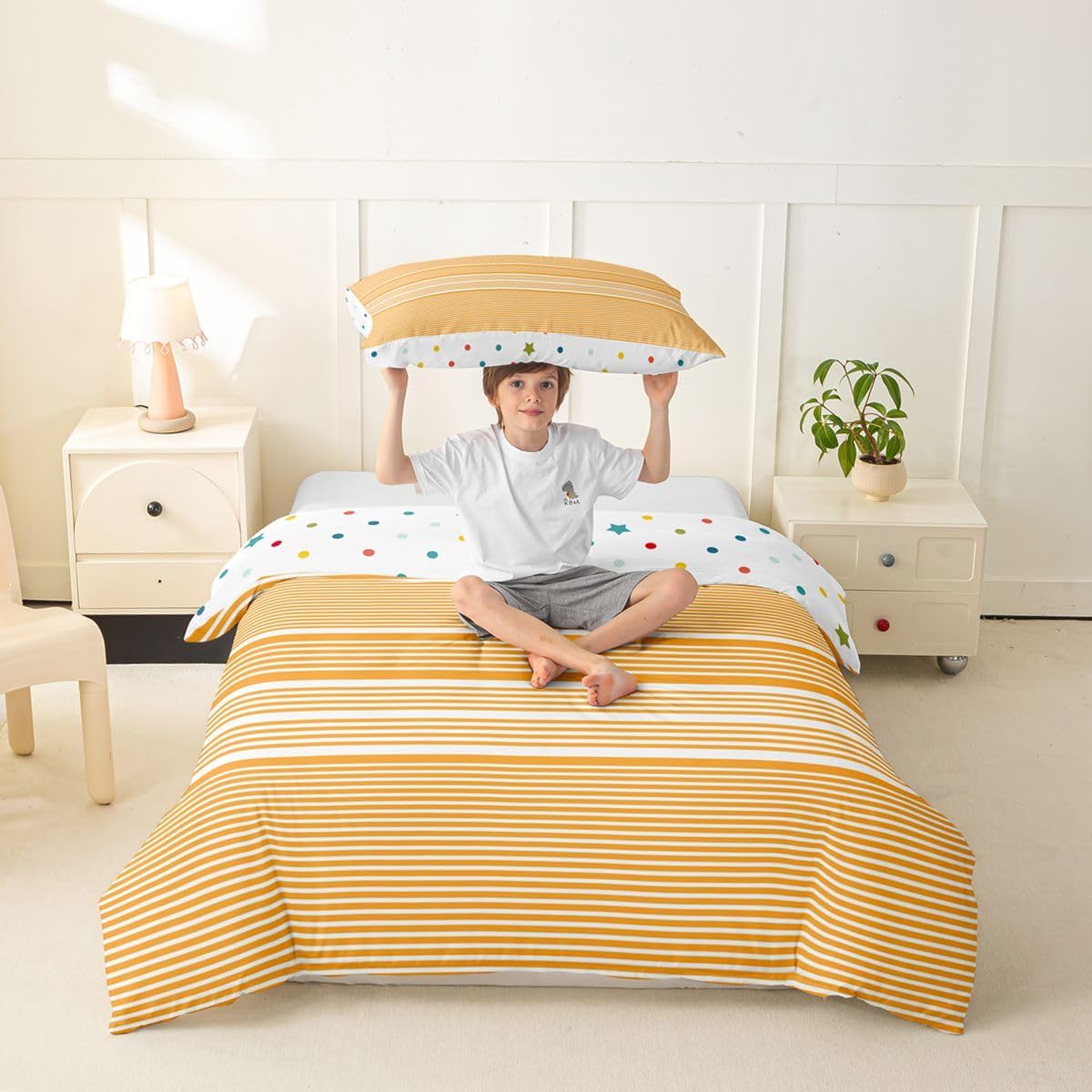 Erosebridal Orange Stripes Toddler Duvet Cover Horizontal Striped Comforter Cover|Vibrant Geometric Lines Bedding Set Minimalist Aesthetic Quilt Cover