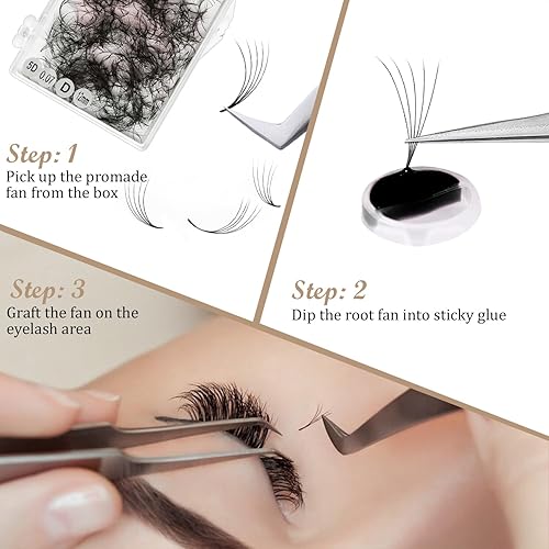 Miniatura 4 de 1000 extensiones de pestañas prefabricadas con volumen 5D, rizado C, 1000 abanicos hechos a mano, 0.028 in de grosor (0.354 in) (mezcla de 0.354 in