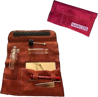 M&M Smartek Juego de tabaco Narcos de 7 piezas para tabaco, estuche con espejo, 2 dosificadores, palitos, tubos de extracción para tabaco rapé (rojo)