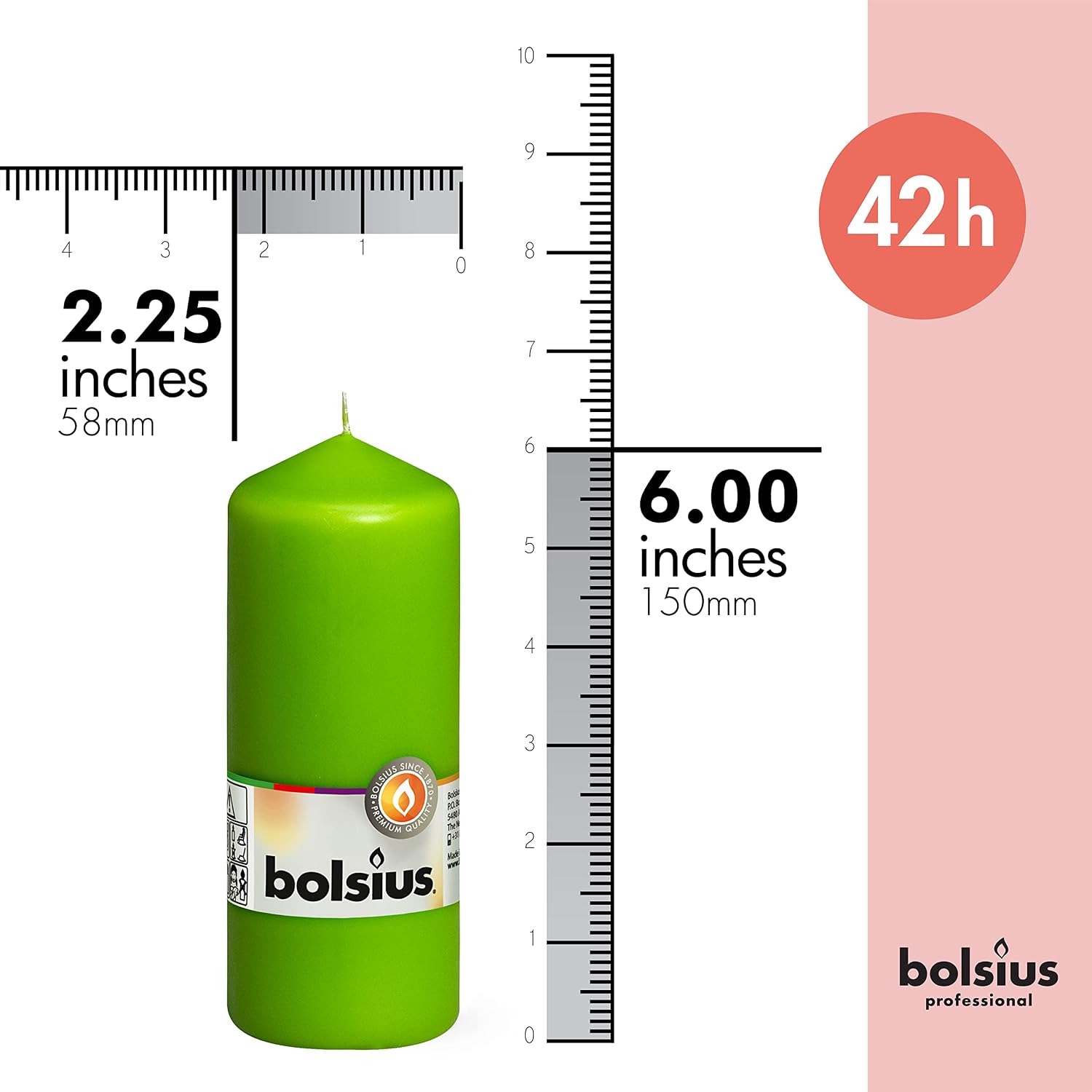 BOLSIUS 10 Lime Green Pillar Candles - 2.25 x 6 Inches - Premium European Quality - Individually Wrapped - 42 Burn Hours - Dripless Smokeless Unscented Dinner, Wedding, Party, & Home Decor Candles