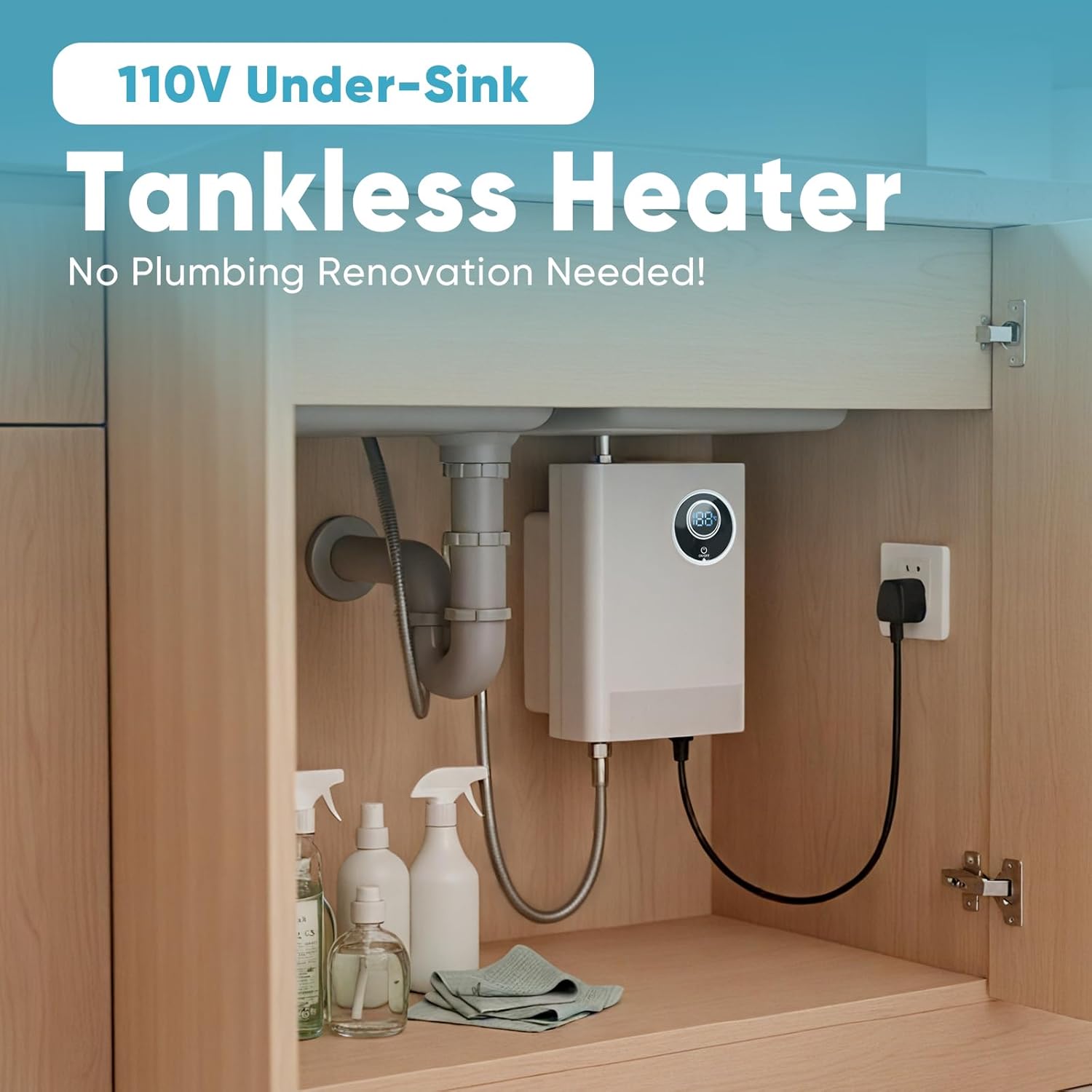 chufa tankless water heater installed under a kitchen sink cabinet