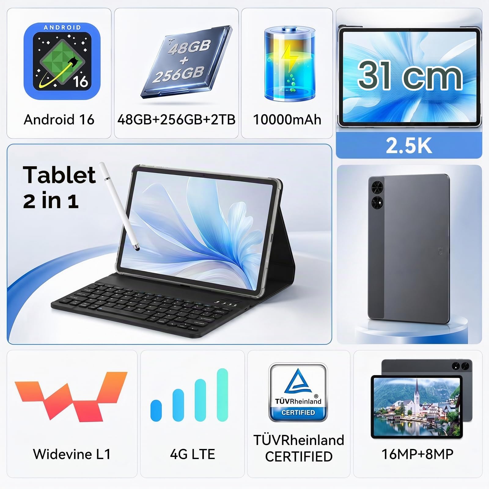 TABWEE 12 Pollici Tablet con Tastiera, 48 GB+256 GB, 10000 mAh | 1600 x 2400 QHD+, Widevine L1, 16 MP+8 MP, Gemini AI , GPS Incorporato, Tablet in Offerta con SIM (Garanzia di 4 Anni)